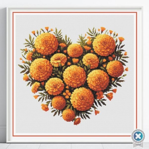 Marigold Heart Counted Cross Stitch PDF Pattern, October Flower Birth Month Heart Cross Stitch Pattern, Flowers Pattern, Instant Download