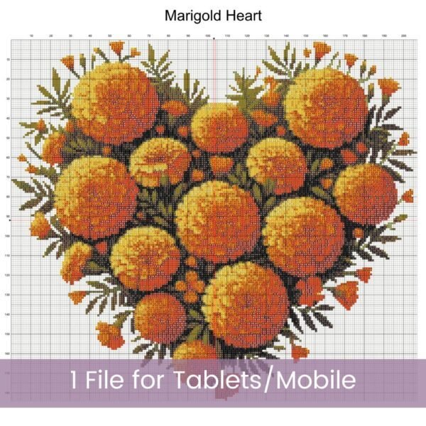 Marigold Heart Counted Cross Stitch PDF Pattern, October Flower Birth Month Heart Cross Stitch Pattern, Flowers Pattern, Instant Download