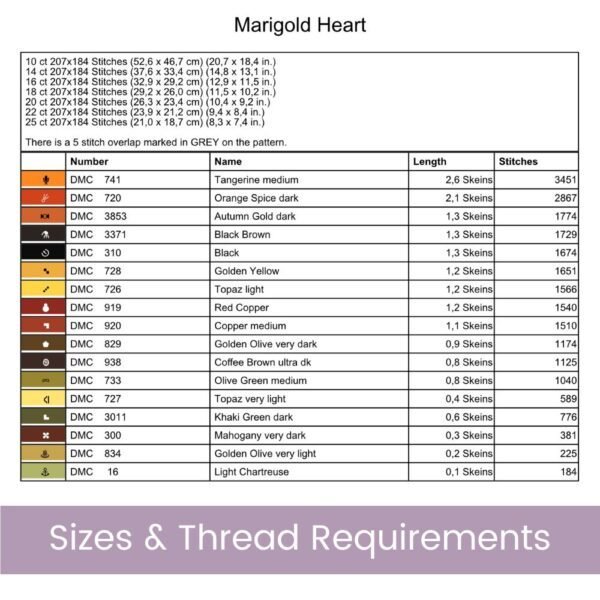 Marigold Heart Counted Cross Stitch PDF Pattern, October Flower Birth Month Heart Cross Stitch Pattern, Flowers Pattern, Instant Download