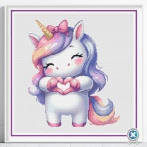 Unicorn Love Cross Stitch Pattern, Unicorn Giving Heart Sign Digital PDF Cross Stitch Pattern Download, Pattern Keeper included