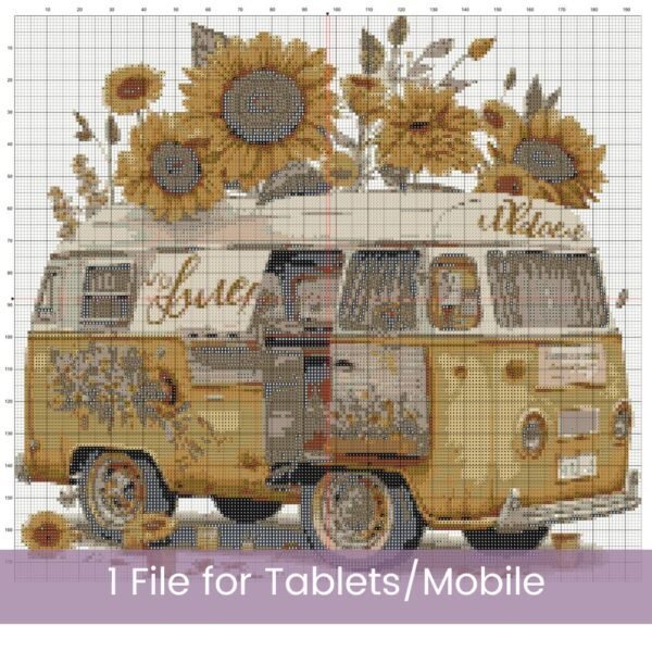 Vintage Boho Van Cross Stitch Pattern, Retro Sunny Floral Hippie Sunflower Classic Camper Van Embroidery Decor Art, Road Trip Stitching Gift