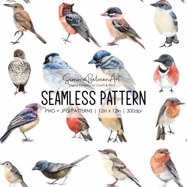 Watercolor Wild Birds Seamless Pattern, Printable Seamless Digital Paper Pack 12x12in, Commercial Use, Sublimation, Card Making, Crafting