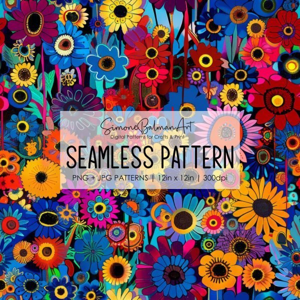 Hippie Klimt Flowers Seamless Pattern, Printable Seamless Digital Paper Pack 12x12in, Commercial Use, Sublimation, Card Making, Crafting