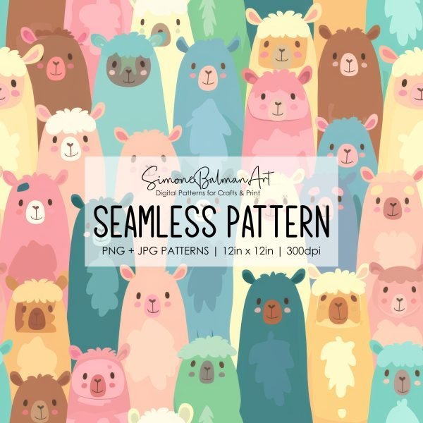 Cute Alpaca Seamless Pattern | Printable Seamless Digital Paper Pack 12x12in | Commercial Use | Sublimation | Card Making | Crafting