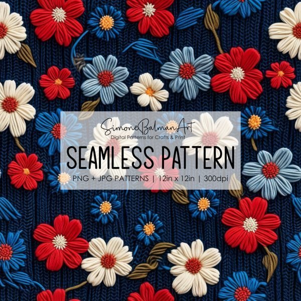 Red Knit Flowers Seamless Pattern, Printable Seamless Digital Paper Pack 12x12in, Commercial Use, Sublimation, Card Making, Crafting
