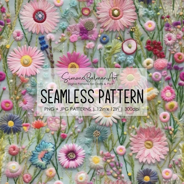 Daisies & Wildflowers Seamless Pattern, Printable Seamless Digital Paper Pack 12x12in, Commercial Use, Sublimation, Card Making, Crafting