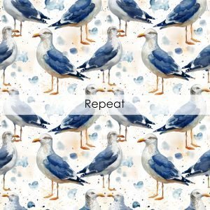 Watercolor Seagulls Seamless Pattern, Printable Seamless Digital Paper Pack 12x12in, Commercial Use, Sublimation, Card Making, Crafting. Perfect illustrations for all designs, fabric print, print-on-demand, cards, invitations, physical products, websites, and blogs.