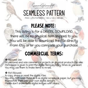 Watercolor Wild Birds Seamless Pattern, Printable Seamless Digital Paper Pack 12x12in, Commercial Use, Sublimation, Card Making, Crafting