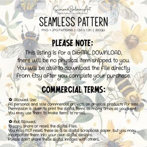 Bees and Flowers Seamless Pattern | Printable Seamless Digital Paper 12x12in | Commercial Use | Sublimation | Card Making | Crafting