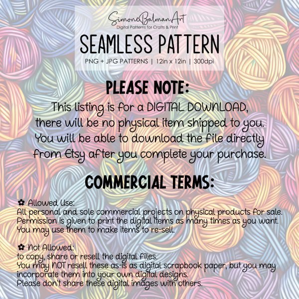 Balls of Yarn Seamless Pattern, Printable Seamless Digital Paper Pack 12x12in, Commercial Use, Sublimation, Card Making, Crafting