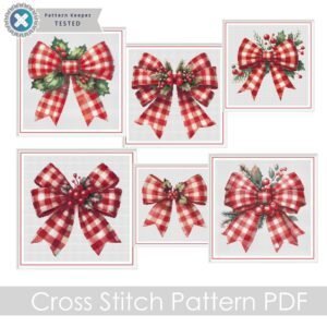 Holiday Bows Cross Stitch Patterns Bundle Gingham Christmas Holiday Bows Digital PDF 6 Pattern Set Instant Download Includes Pattern Keeper