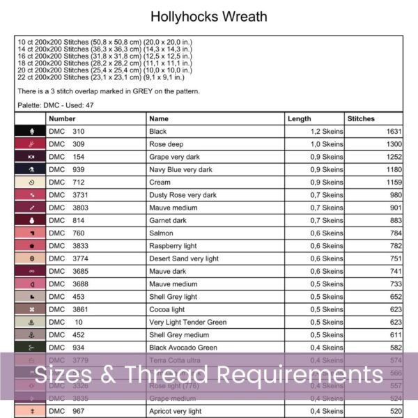 Hollyhock Wreath Cross Stitch Pattern