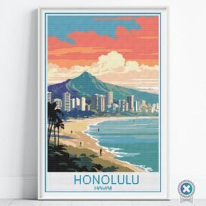 Honolulu Travel Poster Cross Stitch Pattern
