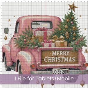 Pink Vintage Christmas Truck Cross Stitch Pattern Festive Holiday Farmhouse Tree Cross-Stitch Embroidery Decor, Handmade DIY Christmas Gift