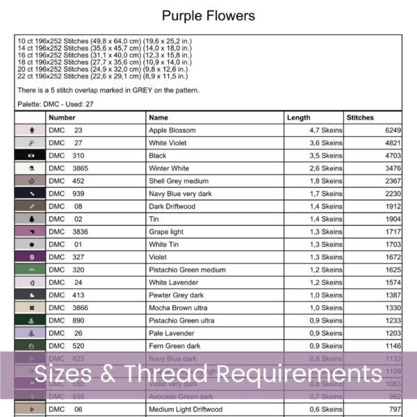 Purple Flowers Cross Stitch Pattern, Floral Botanical Full Coverage Embroidery Art, Handmade Nature-Inspired Decor, DIY Garden Decor Pattern