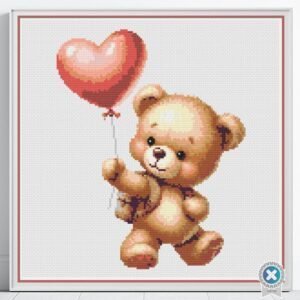 Teddy Bear with Heart Balloon Cross Stitch Pattern, Nursery Decor Art, Handmade Gift Idea, Love Themed Pattern, Kids Room Cross Stitch Chart