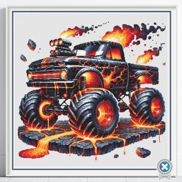Volcano Monster Truck Cross Stitch Pattern, Black Monster Truck with Flames, PDF Instant Download, Pattern Keeper & tablet files included