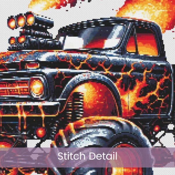 Volcano Monster Truck Cross Stitch Pattern, Black Monster Truck with Flames, PDF Instant Download, Pattern Keeper & tablet files included