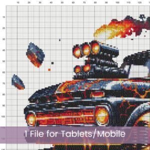 Volcano Monster Truck Cross Stitch Pattern, Black Monster Truck with Flames, PDF Instant Download, Pattern Keeper & tablet files included