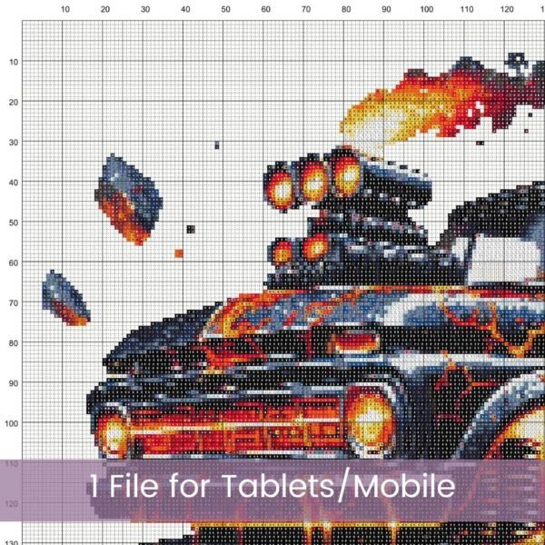 Volcano Monster Truck Cross Stitch Pattern, Black Monster Truck with Flames, PDF Instant Download, Pattern Keeper & tablet files included