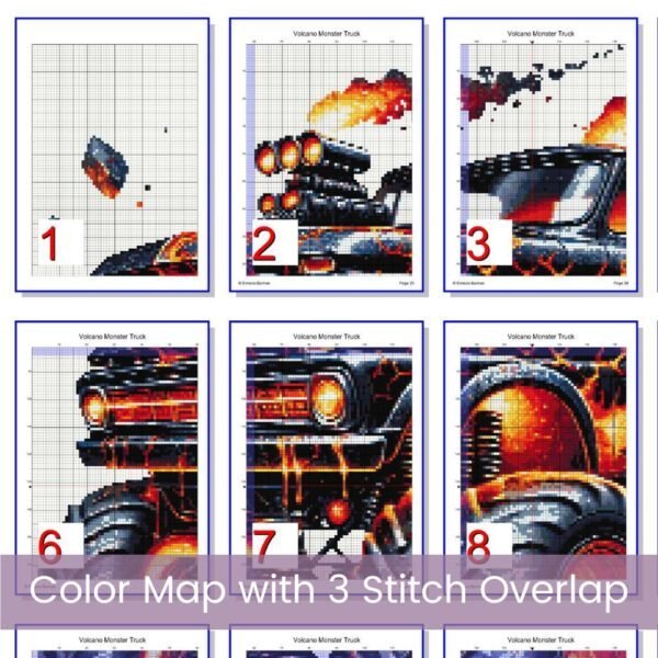 Volcano Monster Truck Cross Stitch Pattern, Black Monster Truck with Flames, PDF Instant Download, Pattern Keeper & tablet files included