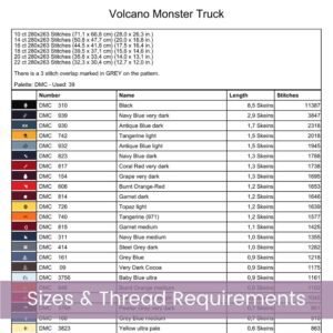Volcano Monster Truck Cross Stitch Pattern, Black Monster Truck with Flames, PDF Instant Download, Pattern Keeper & tablet files included