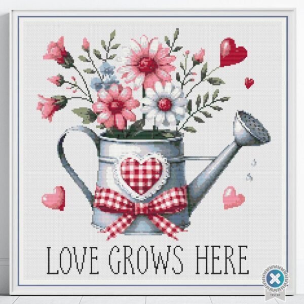 Watering Can with Wildflowers Cross Stitch Pattern, "Love Grows Here" Design, Valentines Day, PDF Instant Download, PK & tablet file incl