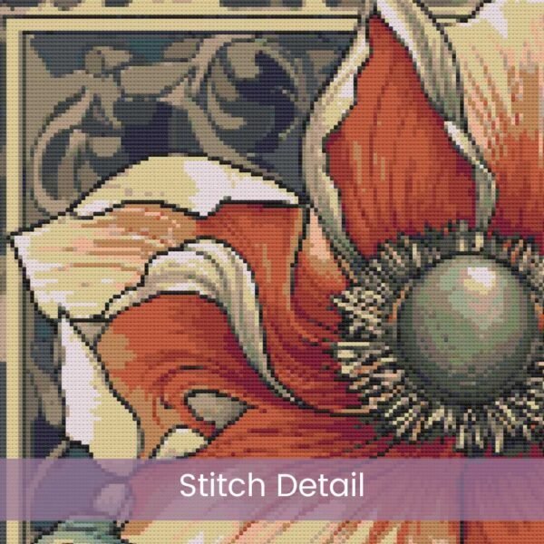 William Morris Tapestry-Inspired Vintage Red Flower Nature Cross Stitch Pattern, Decorative Arts & Crafts Embroidery Decor, Full Coverage