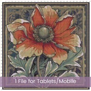 William Morris Tapestry-Inspired Vintage Red Flower Nature Cross Stitch Pattern, Decorative Arts & Crafts Embroidery Decor, Full Coverage