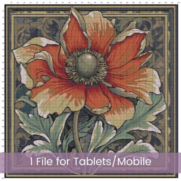 William Morris Tapestry-Inspired Vintage Red Flower Nature Cross Stitch Pattern, Decorative Arts & Crafts Embroidery Decor, Full Coverage