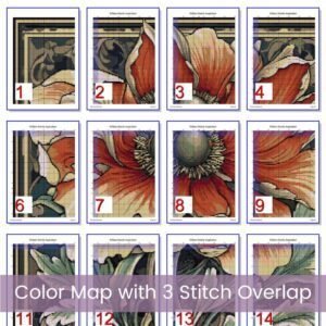 William Morris Tapestry-Inspired Vintage Red Flower Nature Cross Stitch Pattern, Decorative Arts & Crafts Embroidery Decor, Full Coverage