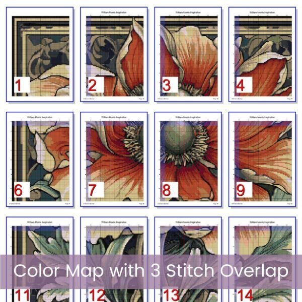 William Morris Tapestry-Inspired Vintage Red Flower Nature Cross Stitch Pattern, Decorative Arts & Crafts Embroidery Decor, Full Coverage