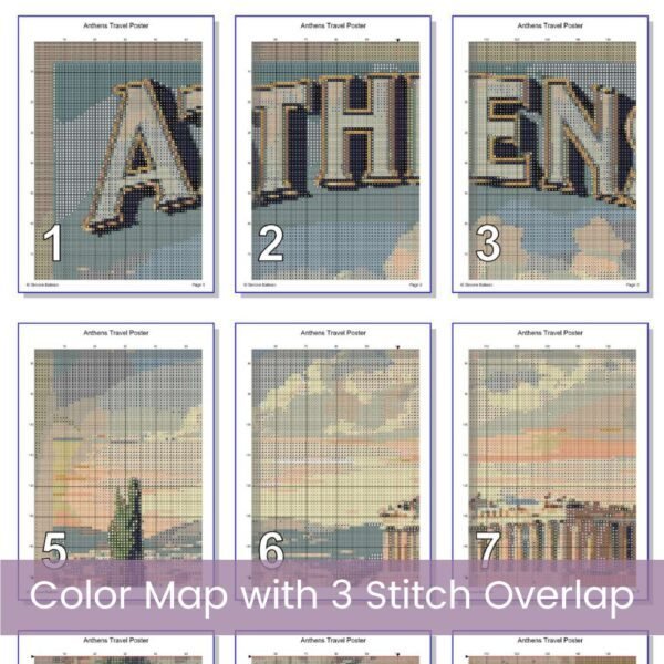 Retro Athens Scenic Vintage Travel Poster Cross Stitch Pattern, Full Coverage Vintage Parthenon Travel Embroidery, Greek Decor Wall Art