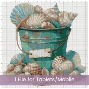 Beach Bucket Cross Stitch Pattern, Tropical Beach Seashell Embroidery, Coastal Decor, Nautical Handmade Ocean-inspired Seaside Wall Art Gift