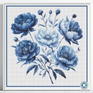 Peony Cross Stitch Pattern, Blue Flowers Embroidery, Modern Floral Cross Stitch, Elegant Home Botanical Decor, Wall Art, Handmade Gift Idea
