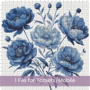Peony Cross Stitch Pattern, Blue Flowers Embroidery, Modern Floral Cross Stitch, Elegant Home Botanical Decor, Wall Art, Handmade Gift Idea