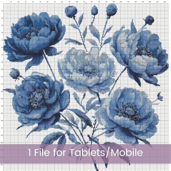 Peony Cross Stitch Pattern, Blue Flowers Embroidery, Modern Floral Cross Stitch, Elegant Home Botanical Decor, Wall Art, Handmade Gift Idea