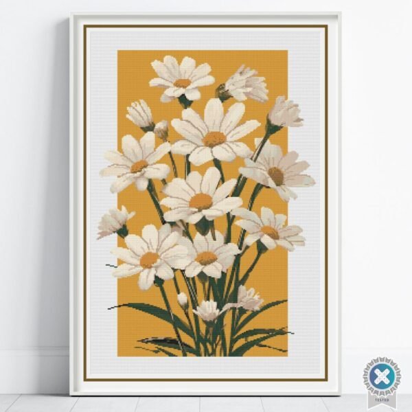 Daisy Flowers Cross Stitch, Modern Floral Embroidery, Yellow Summer Background Decor, Botanical Cross Stitch, Wildflower Handmade Wall Art