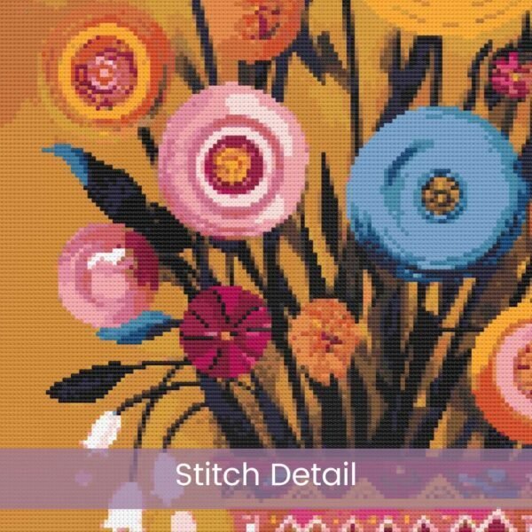 Folk Art Bouquet Cross Stitch Pattern, Handmade Whimsical Modern Folk Art Floral Embroidery, Full Coverage Colorful Bohemian Decor Wall Art