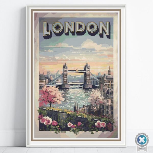 Retro London Scenic Vintage Travel Poster Cross Stitch Pattern, Full Coverage Vintage Travel Embroidery, Thames River Tower Bridge Wall Art