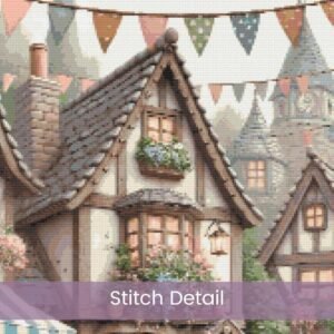 Whimsical Fairytale Village Cross Stitch Pattern PDF, Full Coverage Cottagecore Scene, Large Print Chart Whimsical Fantasy Shopfront Art