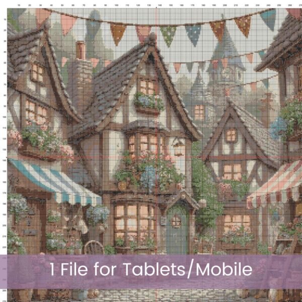 Whimsical Fairytale Village Cross Stitch Pattern PDF, Full Coverage Cottagecore Scene, Large Print Chart Whimsical Fantasy Shopfront Art
