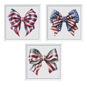 The set of 4th of July Coquette Bow Cross Stitch Patterns includes seven charming designs, each featuring patriotic bows adorned with stars and stripes.