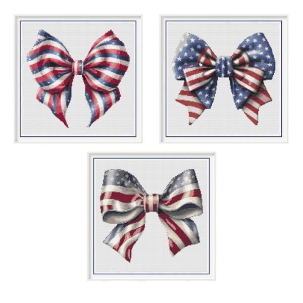 The set of 4th of July Coquette Bow Cross Stitch Patterns includes seven charming designs, each featuring patriotic bows adorned with stars and stripes.