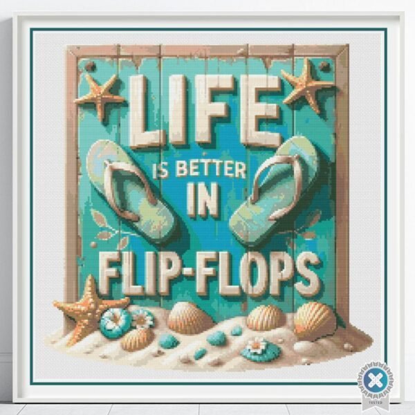 Life is Better in Flip Flops Cross Stitch Pattern, Rustic Beach Sign, Coastal Seaside Summer Decor PDF Pattern, Tropical Beach Embroidery