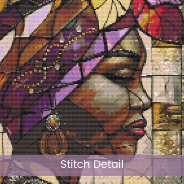 Creole Woman Stained Glass Cross Stitch Pattern | Full Coverage PDF | Rich Jewel Tones | African American Woman Art | Embroidery Design