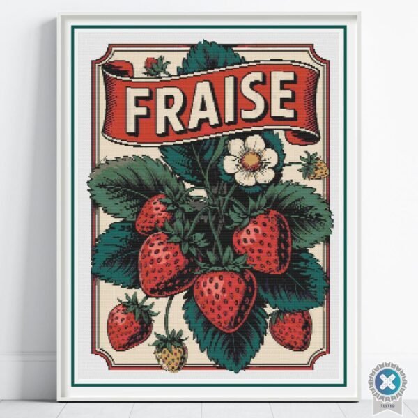 Strawberry Cross stitch, Fraise Embroidery Pattern, Vintage Fruit Label, Vintage French Kitchen Decor Gift, Full Coverage, Retro Food Label