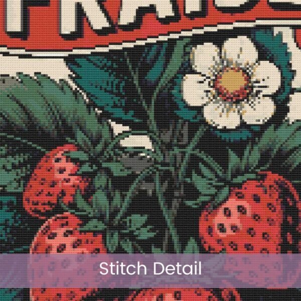 Strawberry Cross stitch, Fraise Embroidery Pattern, Vintage Fruit Label, Vintage French Kitchen Decor Gift, Full Coverage, Retro Food Label