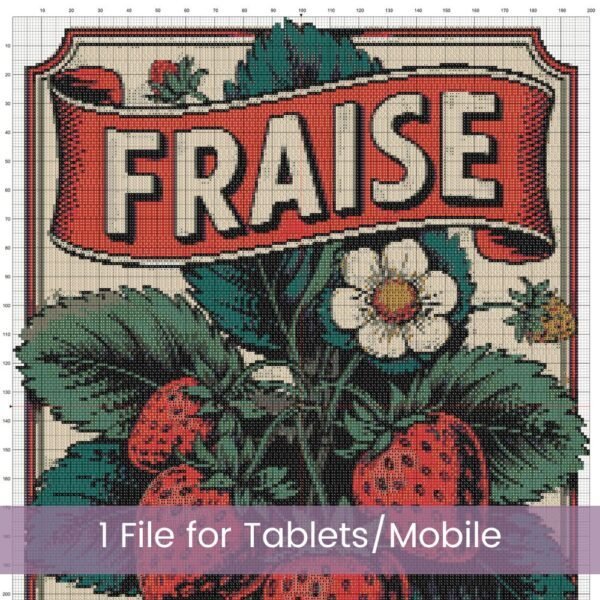 Strawberry Cross stitch, Fraise Embroidery Pattern, Vintage Fruit Label, Vintage French Kitchen Decor Gift, Full Coverage, Retro Food Label