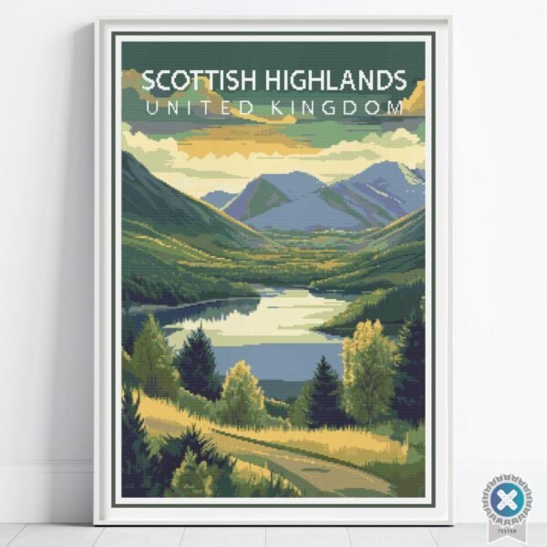 Scottish Highlands Cross Stitch Pattern | Retro Travel Poster Style Gift | Full Coverage PDF | United Kingdom Landscape Embroidery Design